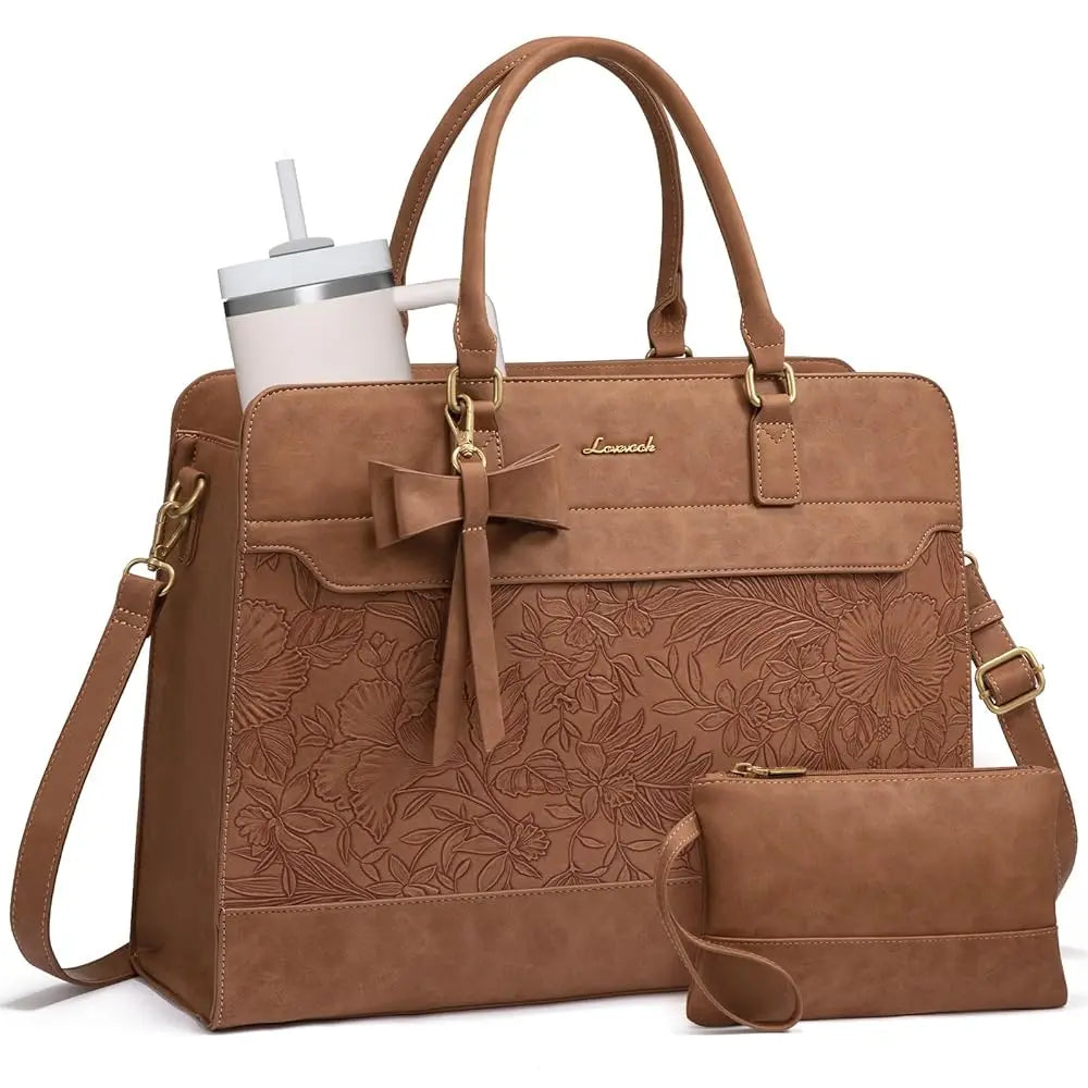 Brown floral embossed LOVEVOOK laptop tote handbag with bow, shoulder strap, and matching wristlet pouch.