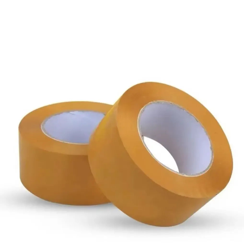 Tan/brown masking tape rolls with visible adhesive core, single-sided packaging tape