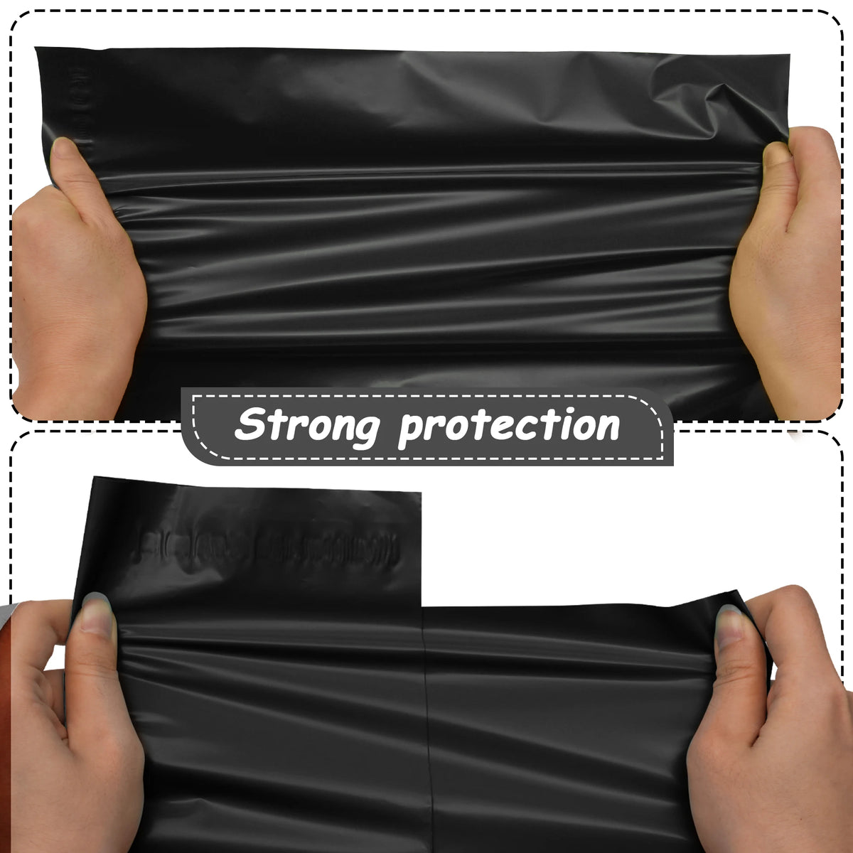 Black poly shipping mailer held open by hands, showing interior folds
