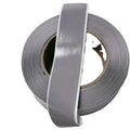 Gray foil-backed sealant tape roll with cut outer strip and inner core showing