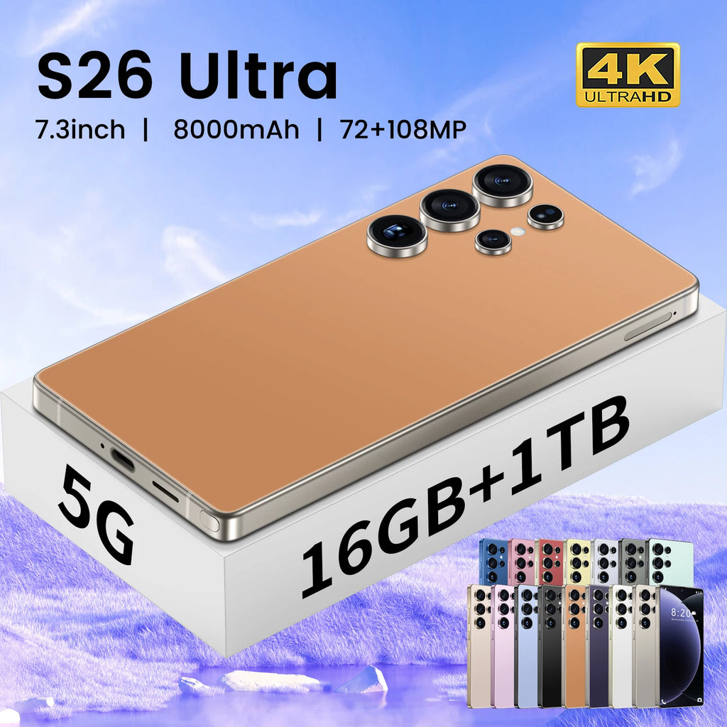 2026 S26 Ultra 5G Android 15 smartphone with 7.3-inch 144Hz display and 108MP camera, side profile view.