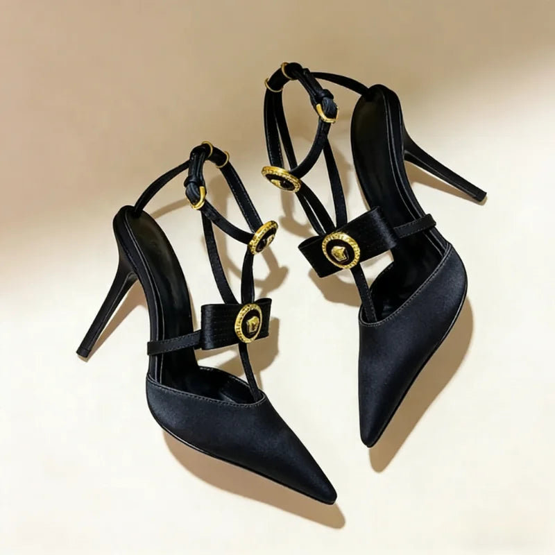 2026 New Women's High Heels Pointed Shallow Mouth Metal Bow Thin Heel Party High-heeled Sandals
