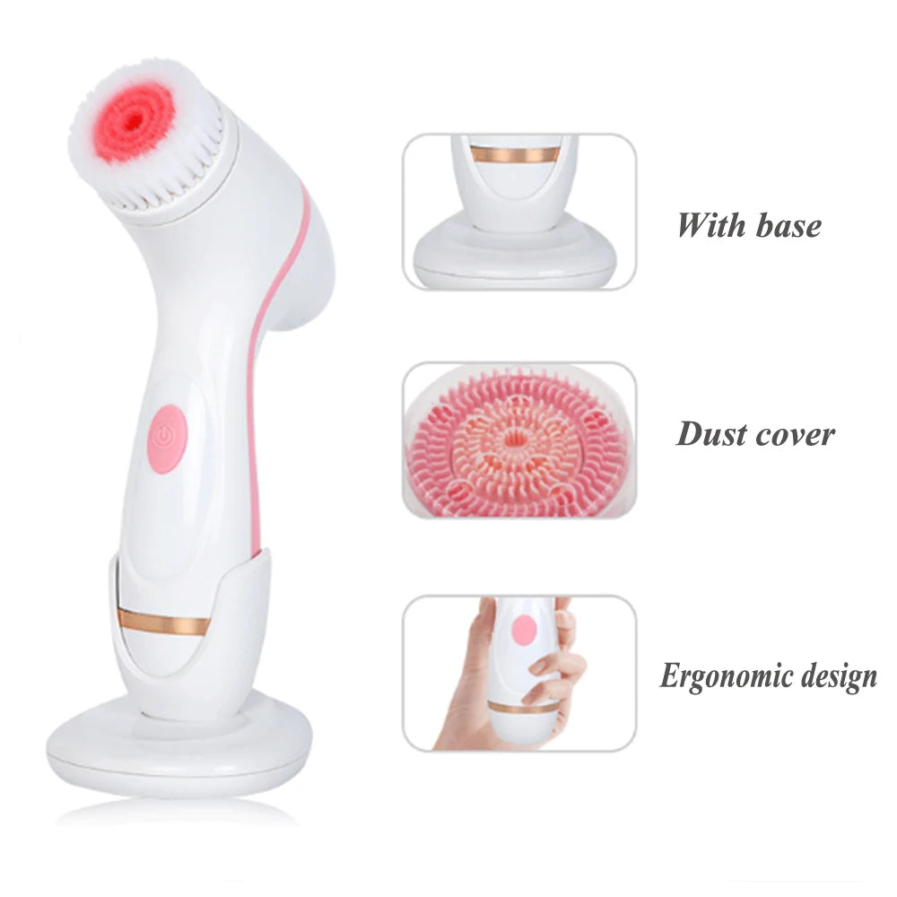 Sonic facial cleansing brush with pink spin head, charging base, dust cover, and ergonomic design for deep skin care.