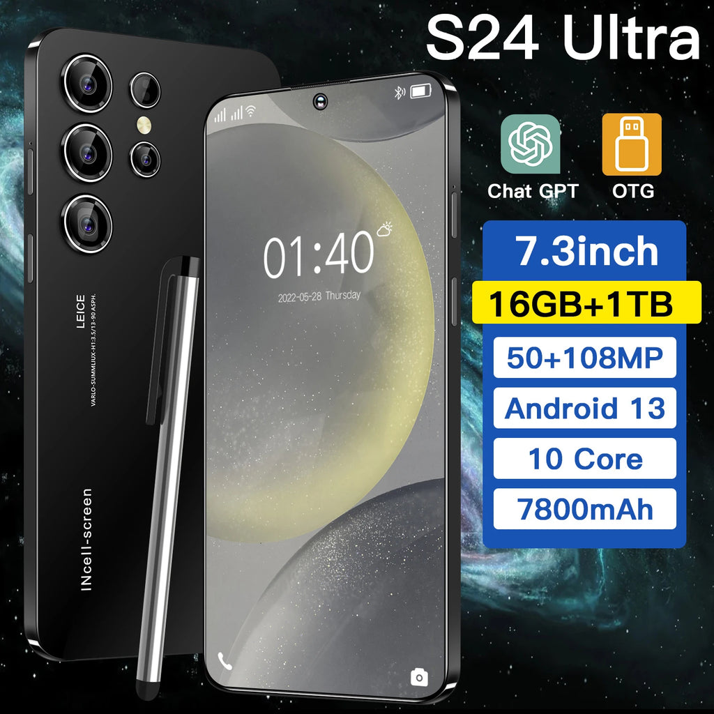 Hot Selling 2026 S24 Ultra 5G Smartphone 16GB+1TB 108MP 144HZ 7.3 Inch Full Screen Dual SIM CDMA Android 15