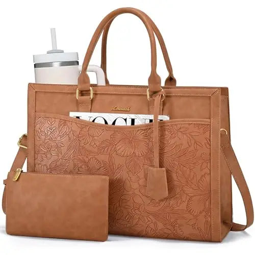 Tan floral embossed luxury designer laptop tote bag for women with matching clutch, perfect for office and travel.