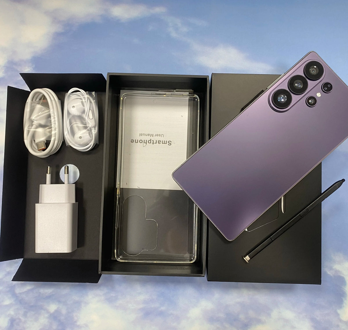 Purple smartphone back with quad cameras and matte finish, shown with protective covers