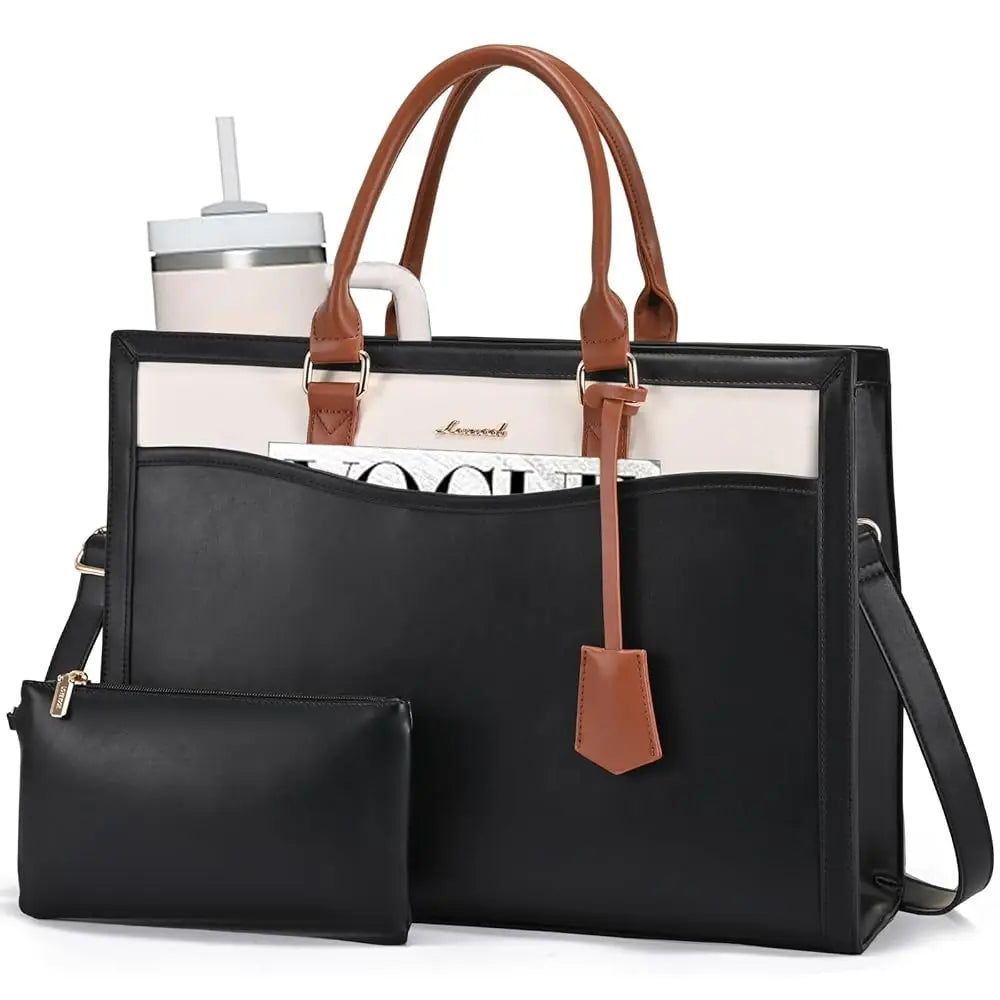 LOVEVOOK designer laptop tote in black and cream leather with brown handles, matching pouch, and professional style.