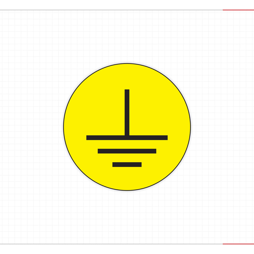 Yellow circular grounding symbol adhesive sticker with black three-line icon
