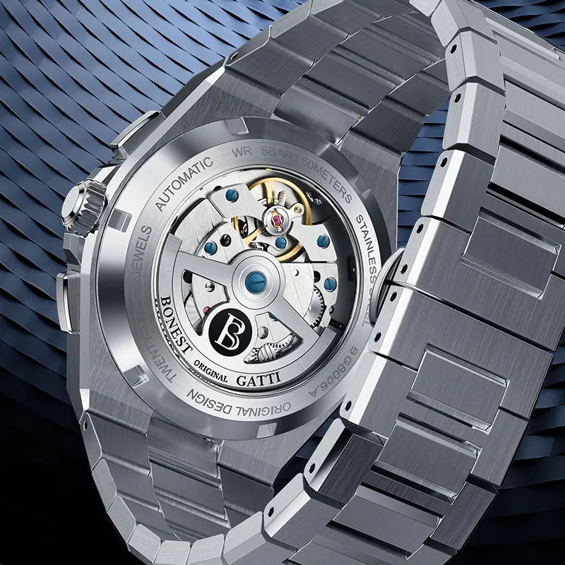 BONEST GATTI Automatic Mechanical Skeleton Watch Stainless Steel Waterproof 50m Luminous Calendar for Minimalist Business Men