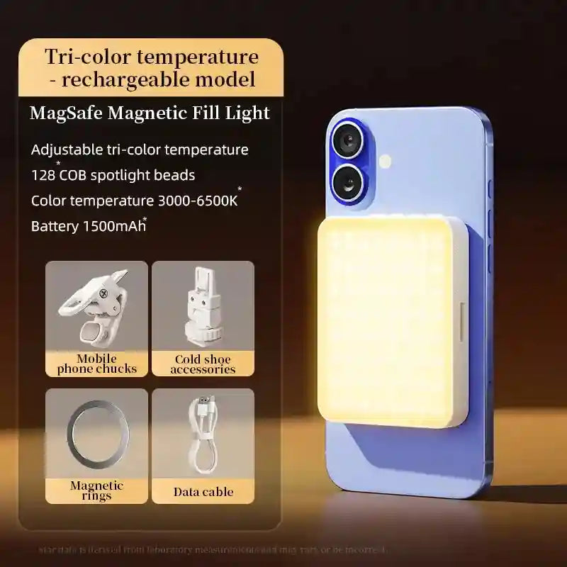 Square white magnetic fill light attached to a smartphone, featuring adjustable tri-color temperature for photography.