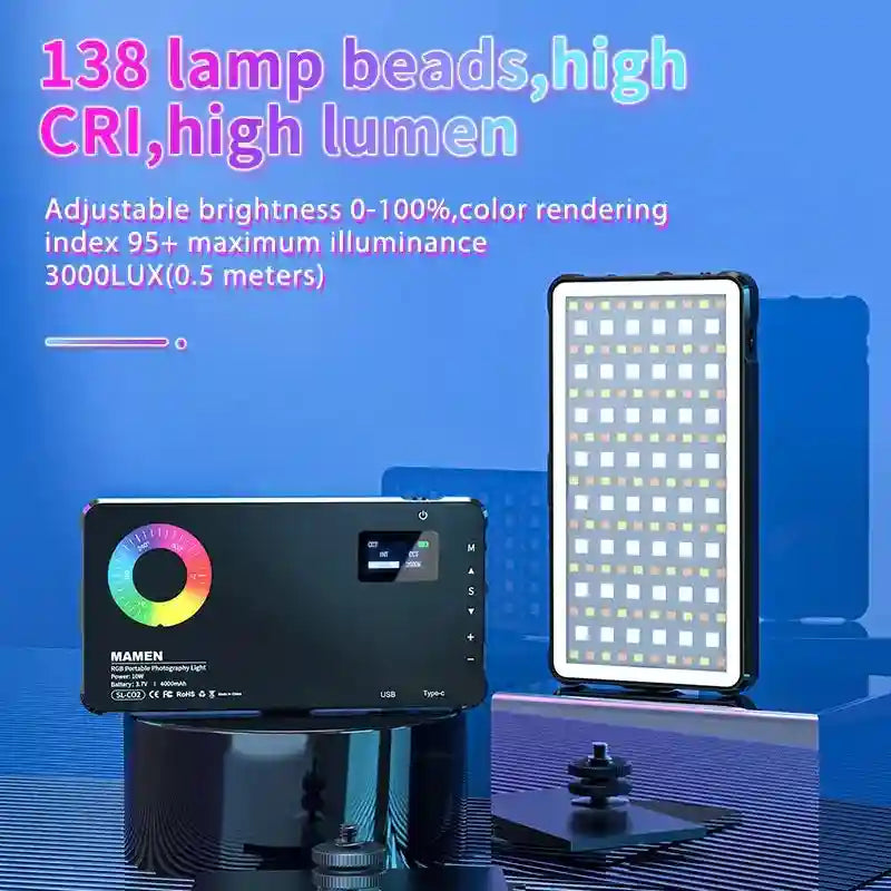 Portable rectangular LED photography light with 138 beads, digital display, color control, and USB-C charging.