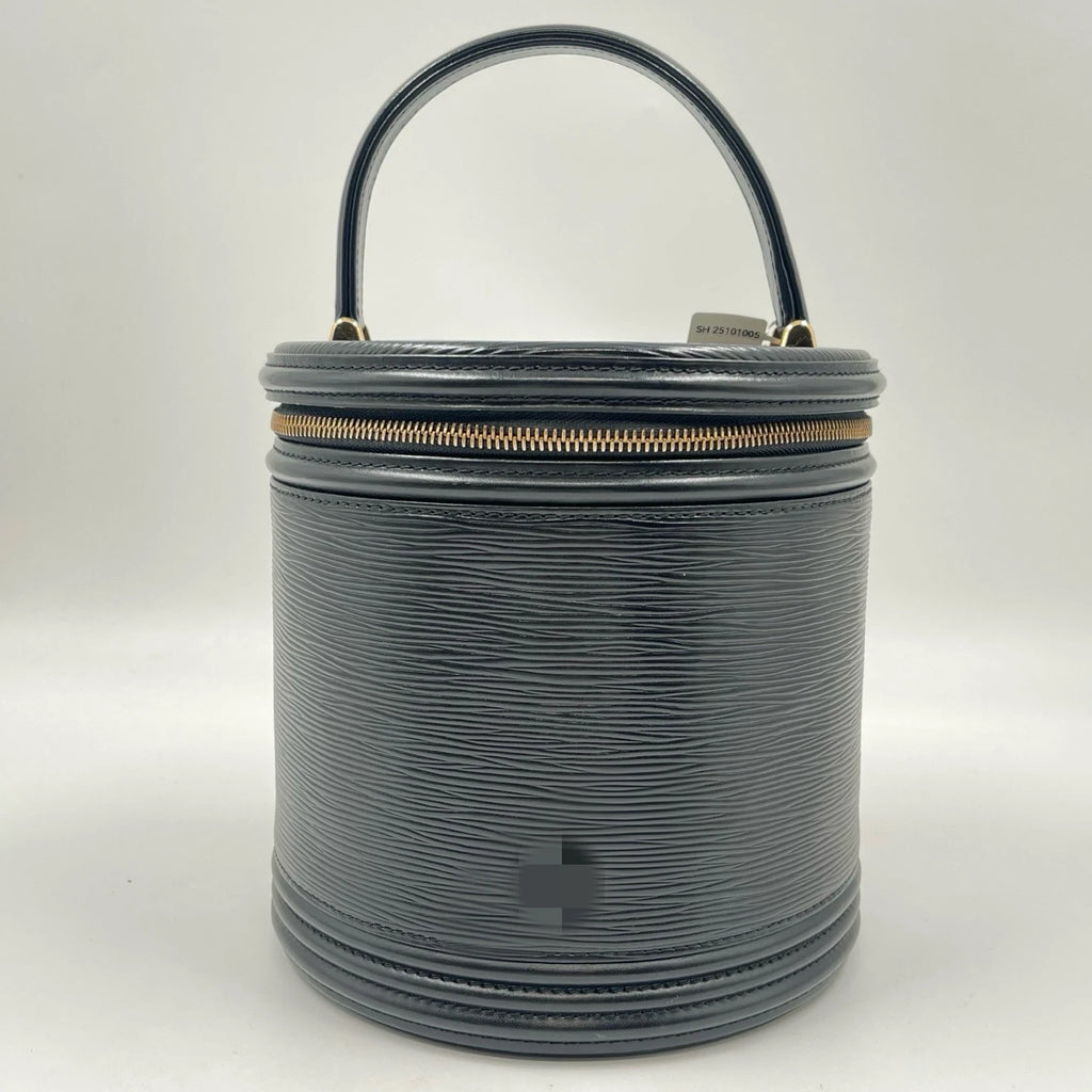 Luxury pre-owned black leather cylindrical handbag with textured Epi finish, zip top, and elegant top handle.