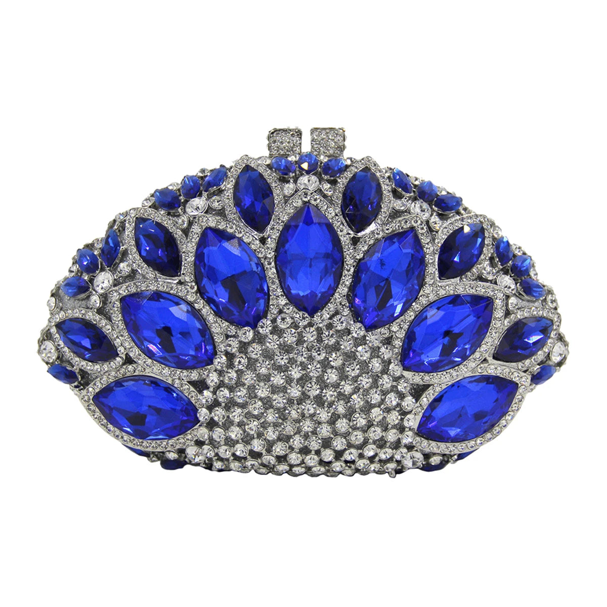 Luxury blue crystal evening clutch with large oval rhinestones and silver metal frame for formal dinner handbags.