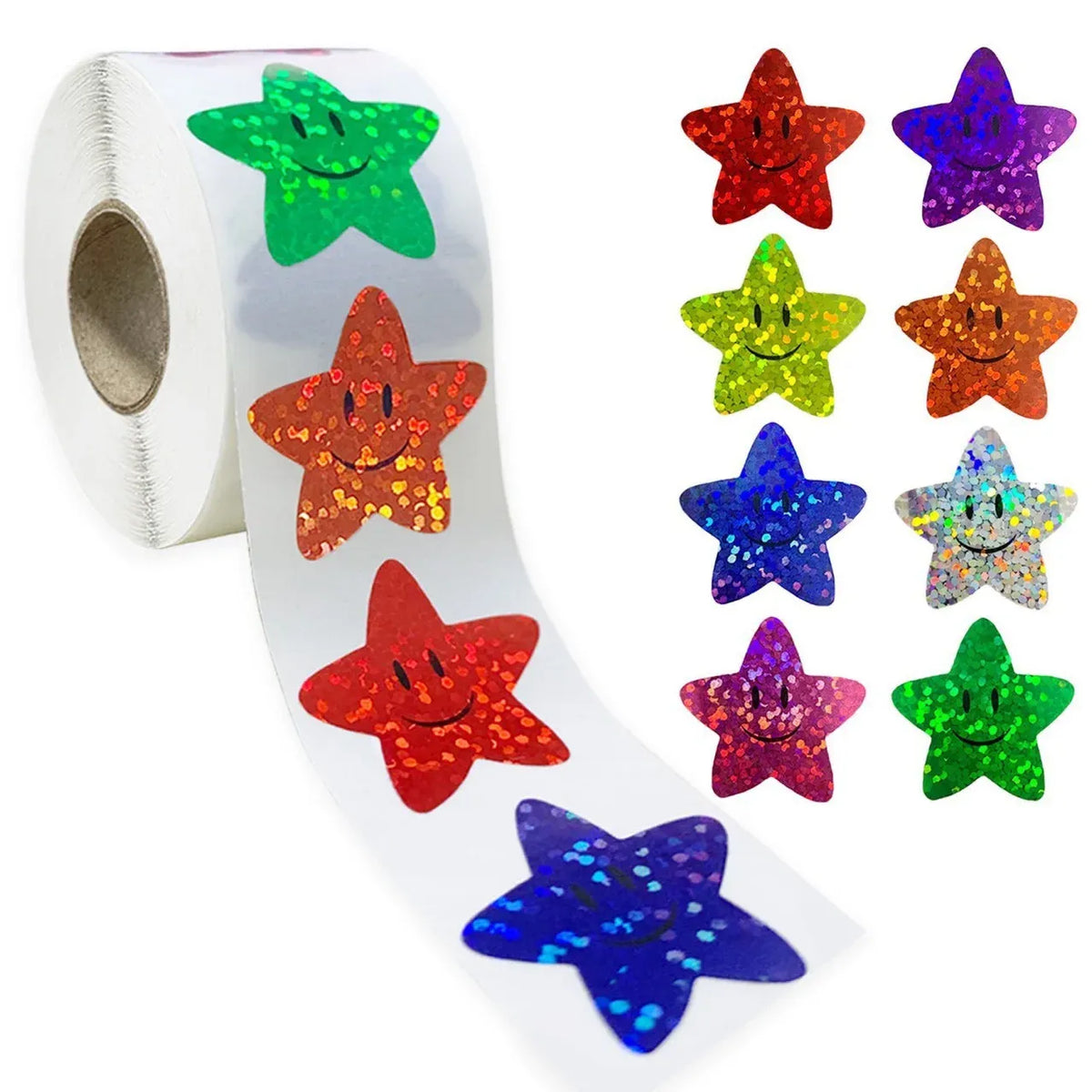 Holographic glitter star sticker roll with assorted colored star shapes