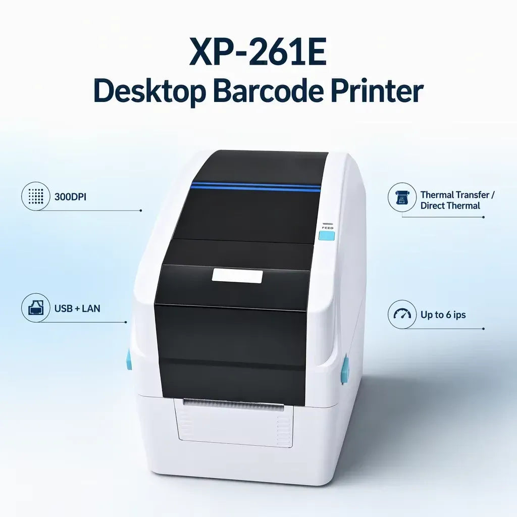 White desktop direct thermal barcode printer with black top cover and blue status lights