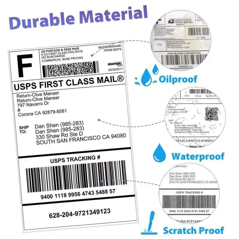 White glossy heat transfer label sheet roll with sample barcode and text blocks