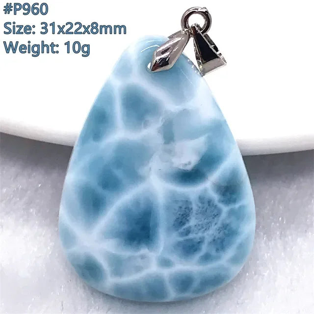 Natural Blue Larimar Trendy Necklace Pendant Women Men Gift Beads 925 Sterling Silver Dominica Water Drop Crystal Stone Jewelry