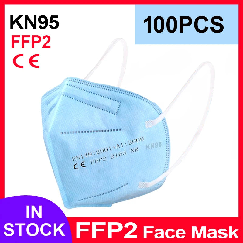 Blue 5-layer FFP2 KN95 face mask with ear loops, textured protective fabric, and CE certification markings.