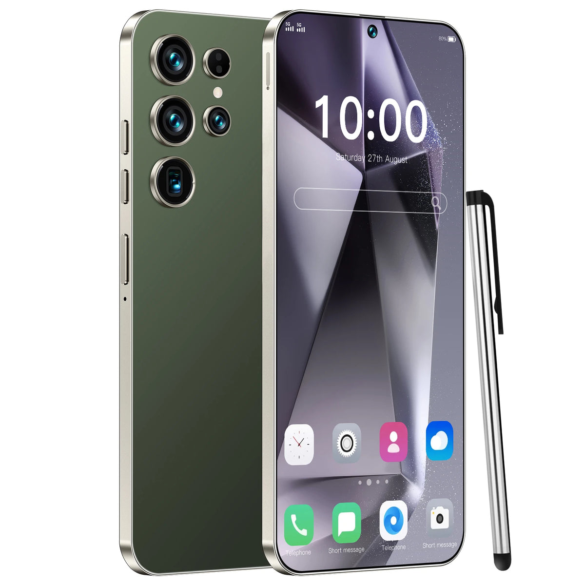 Smartphone in green with quad rear cameras and large 7.3-inch display