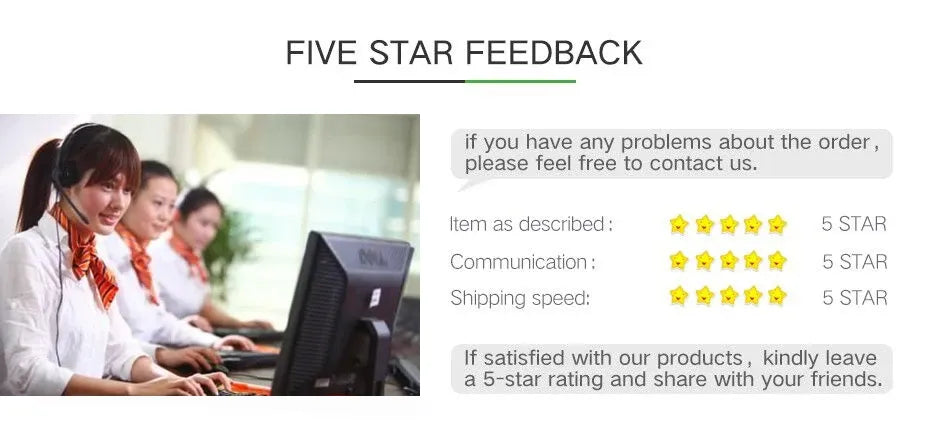 Barcode scanner with customer support message and five-star feedback rating