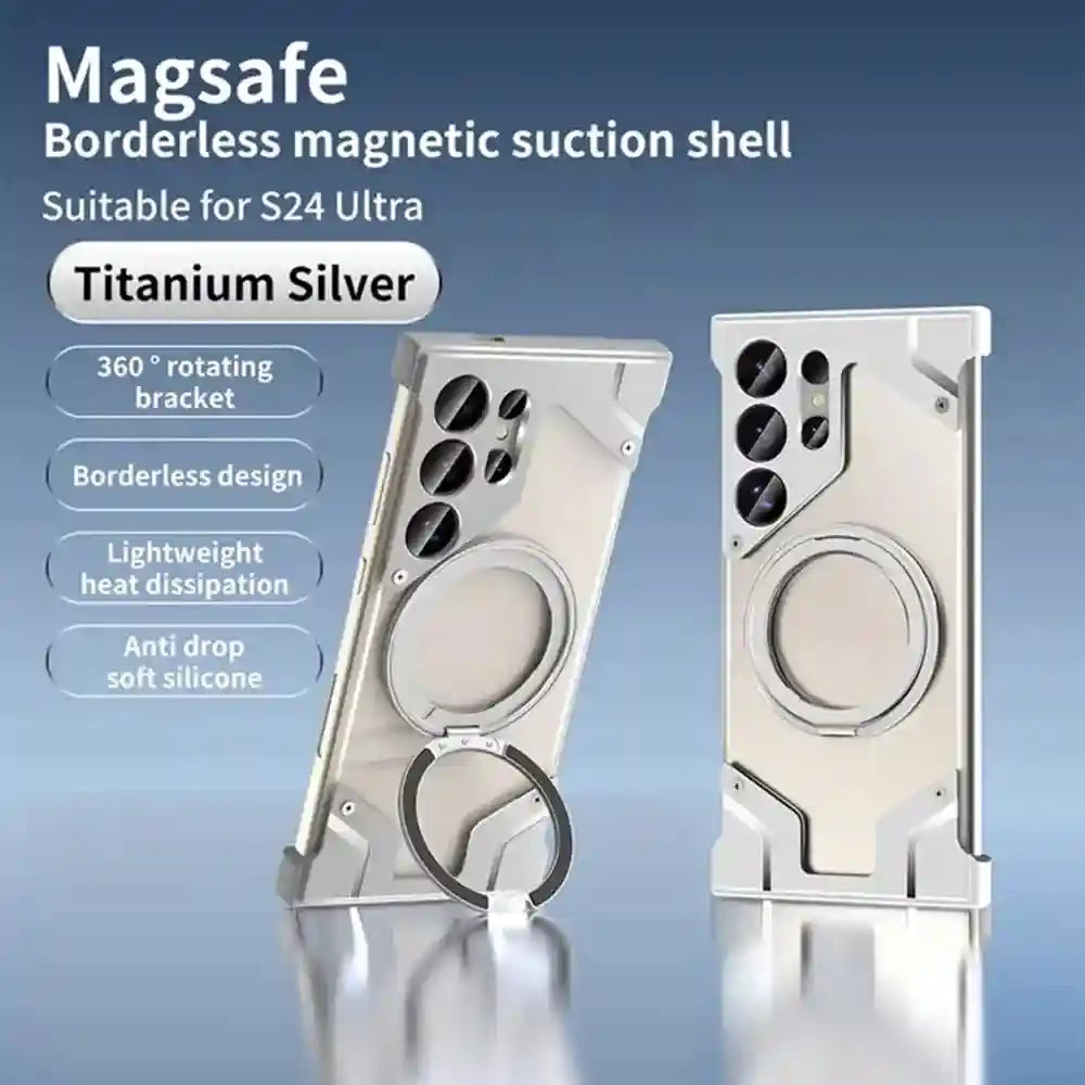 Galaxy S24 Ultra Metal Case with Magnetic Rotating Stand & Drop Protection Silver PVC box Tidesmit