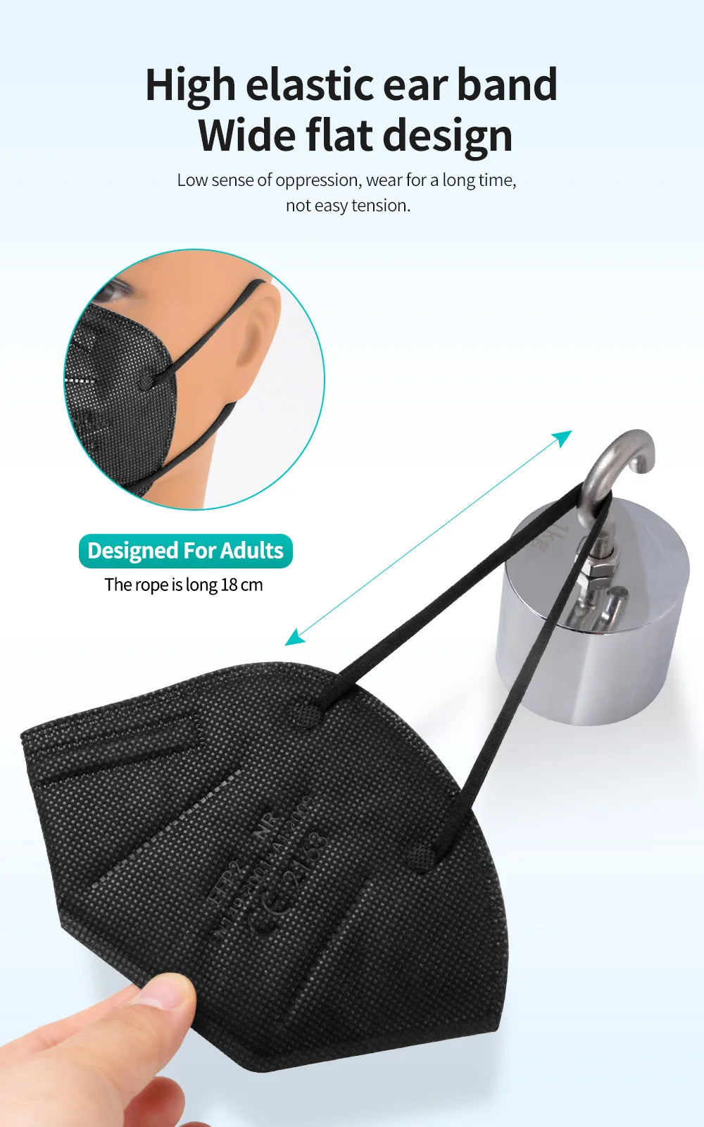 Black 5-layer FFP2 KN95 face mask with high-elastic, wide flat ear loops for adult comfort.