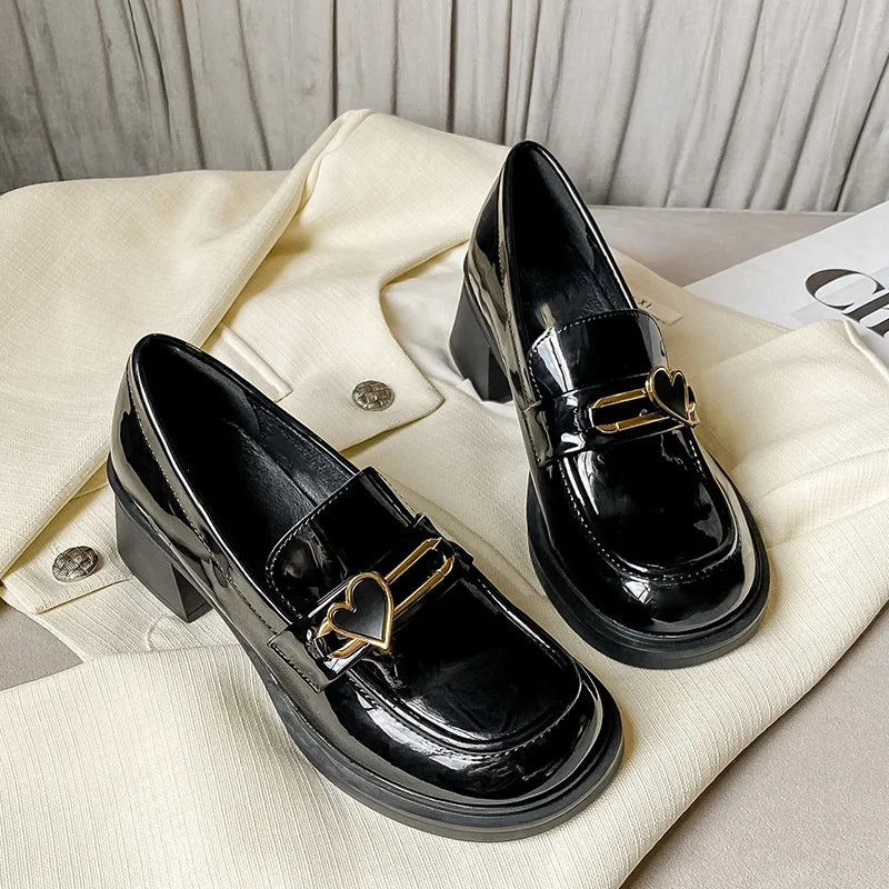 2024 Elegant Thick Heel Women's Black Leather Slip-On Loafers British Preppy Style Platform Shoes Light Patent Upper Material