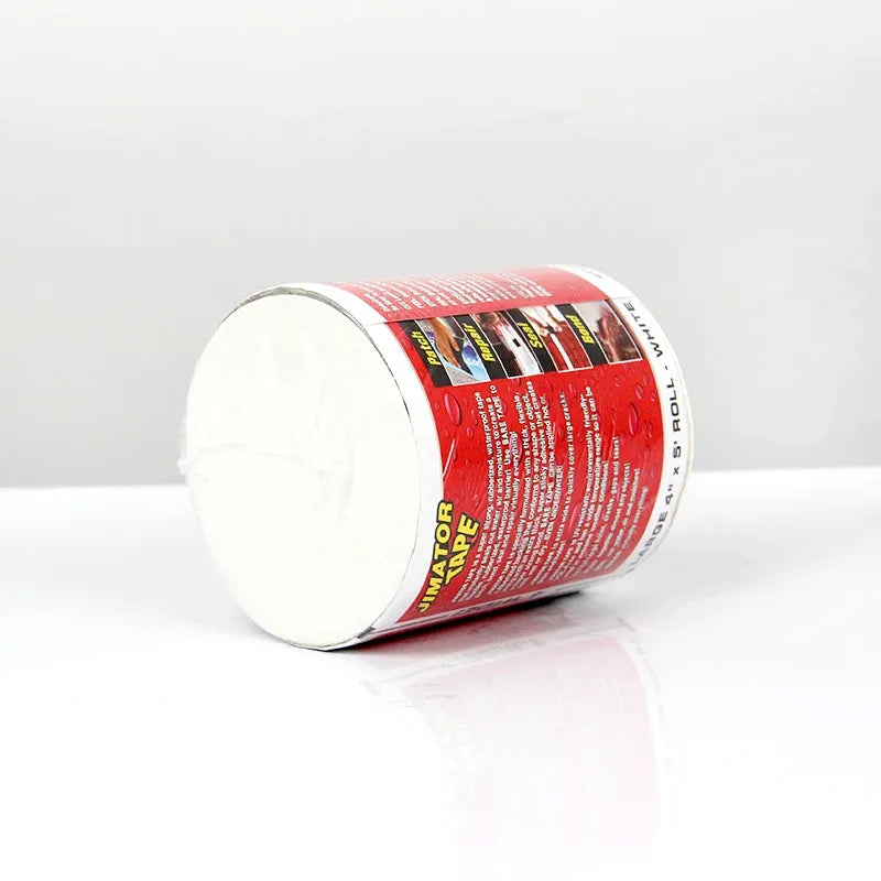 Black waterproof repair tape roll with white backing layer, close-up side view