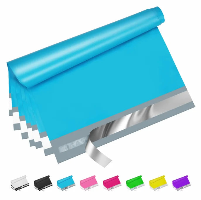 Blue poly mailers stack with self-sealing adhesive strip, tear-resistant waterproof shipping bags