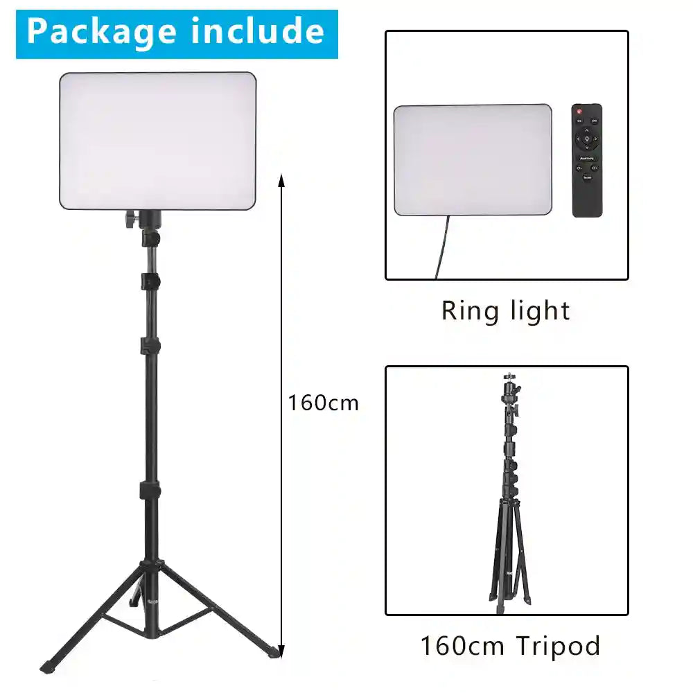 Rectangular LED panel light with remote control on an adjustable 160cm black tripod stand for photography and video.