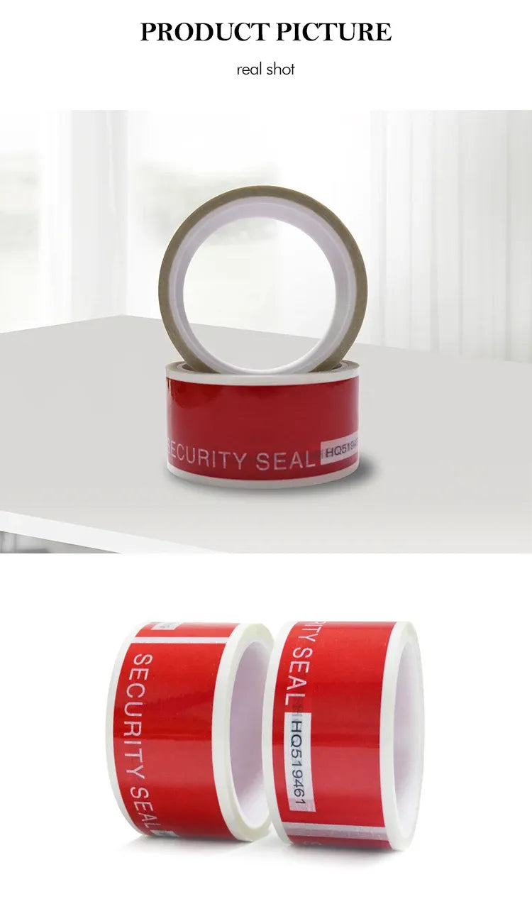 Red security seal tape roll and strip on white surface, printed “SECURITY SEAL”