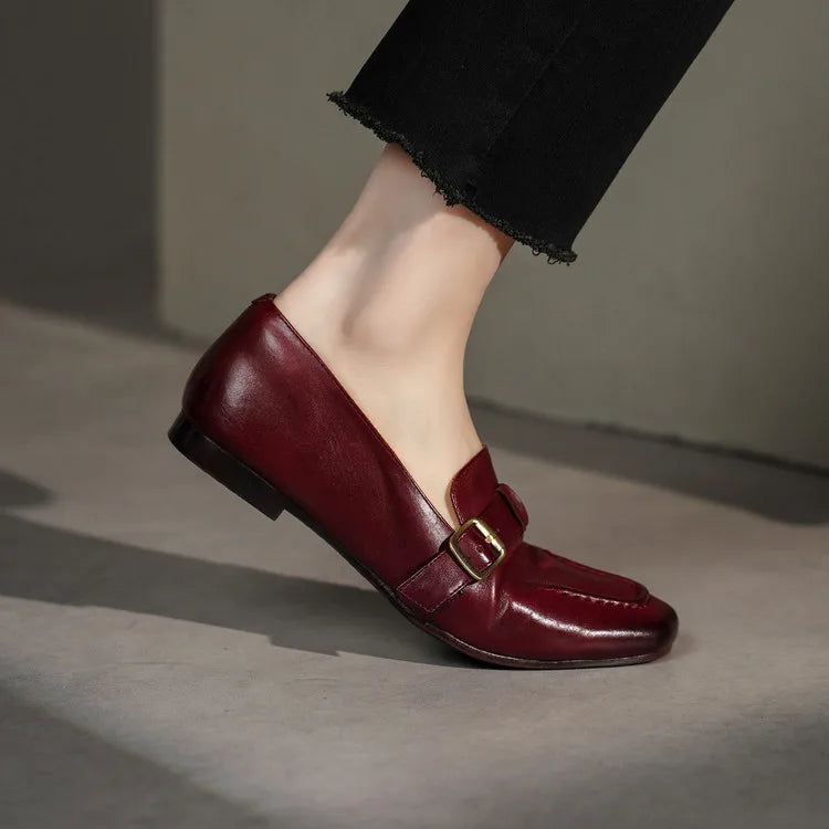 Genuine Leather Women's Loafers Square Toe Slip-On Low Heel Dress Shoes Anti-Slip All Seasons