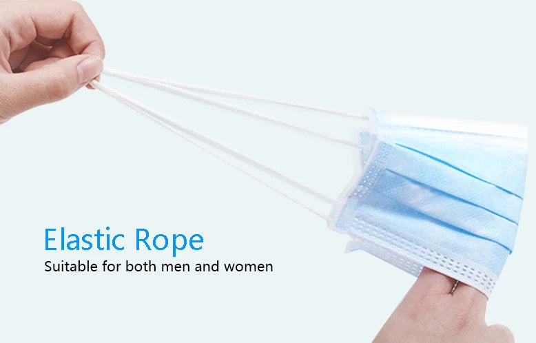 Blue 3-layer disposable non-woven meltblown mask with comfortable white elastic ear loops for anti-dust protection.