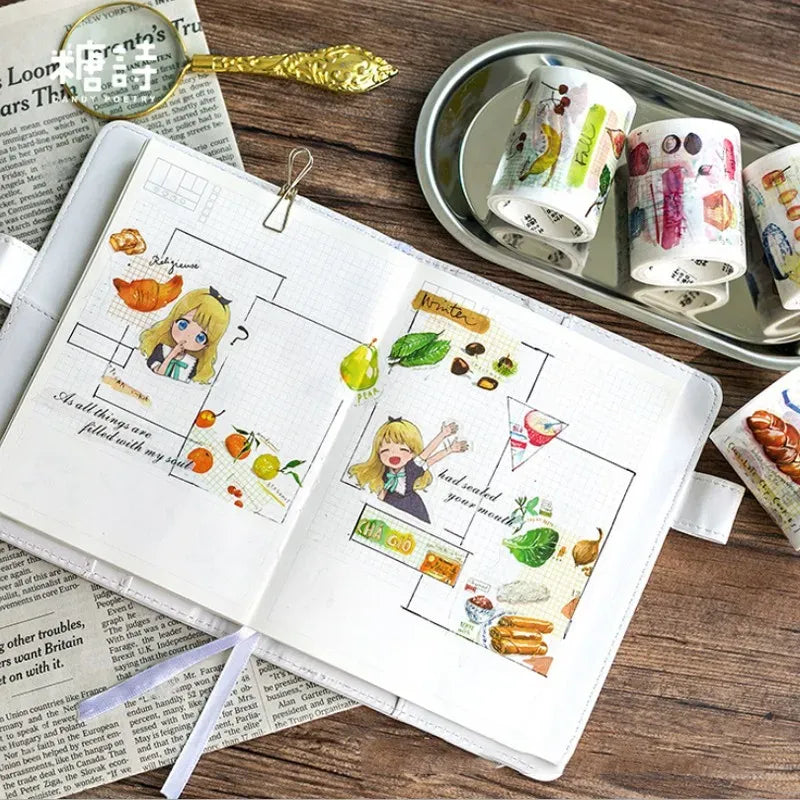 Kitchen illustration masking tape on white rolls, used for journaling and notes