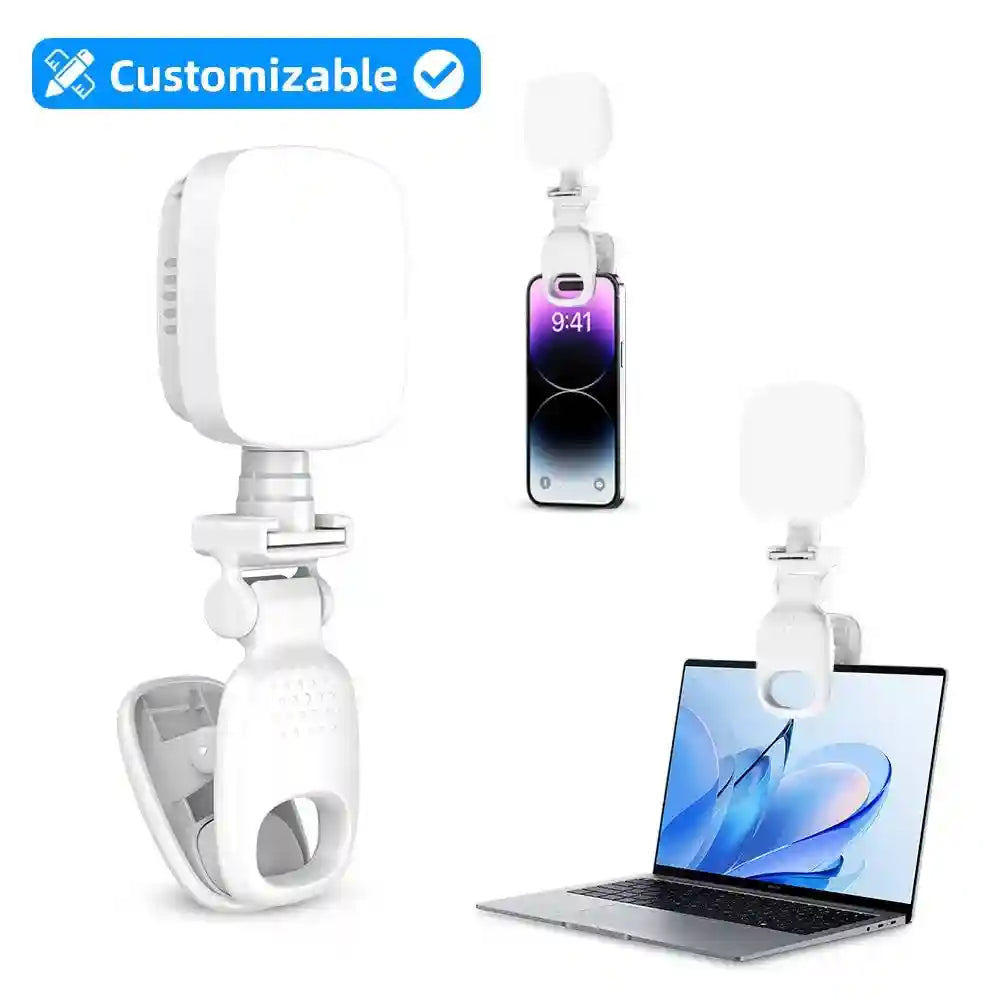White clip-on LED square ring light for phone or laptop video calls and photography.