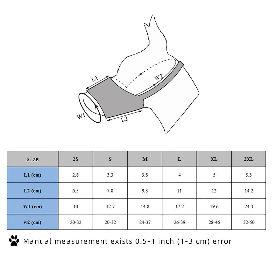 Size chart for breathable nylon mesh and leatherette dog muzzle to ensure a comfortable, secure fit for all dog breeds.