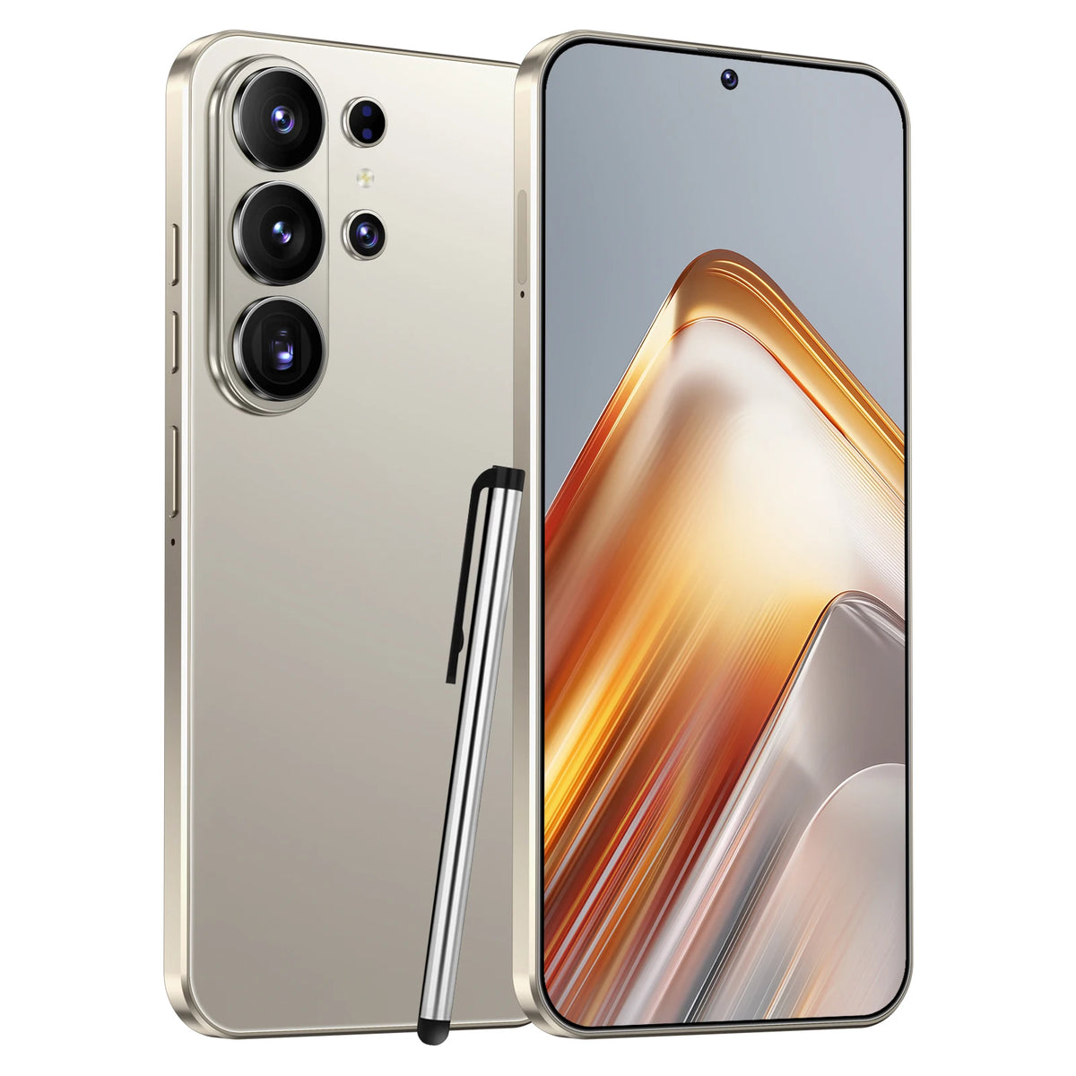 Silver 5G smartphone with orange-toned display and triple rear cameras