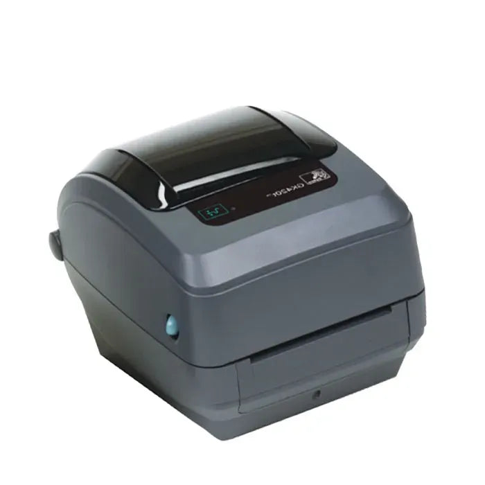 Gray thermal label printer with logo and front paper/label slot