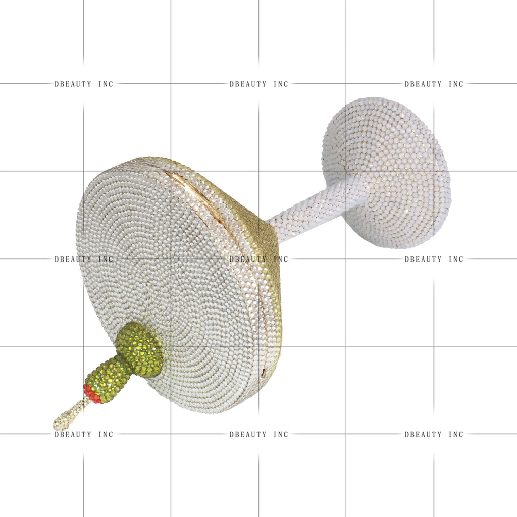Martini glass-shaped crystal evening clutch with white rhinestones and olive detail for formal party fashion.