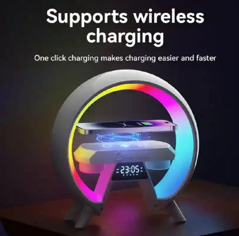 G Shape Wireless Charger Lamp with Bluetooth Speaker & Clock | White Tidesmit