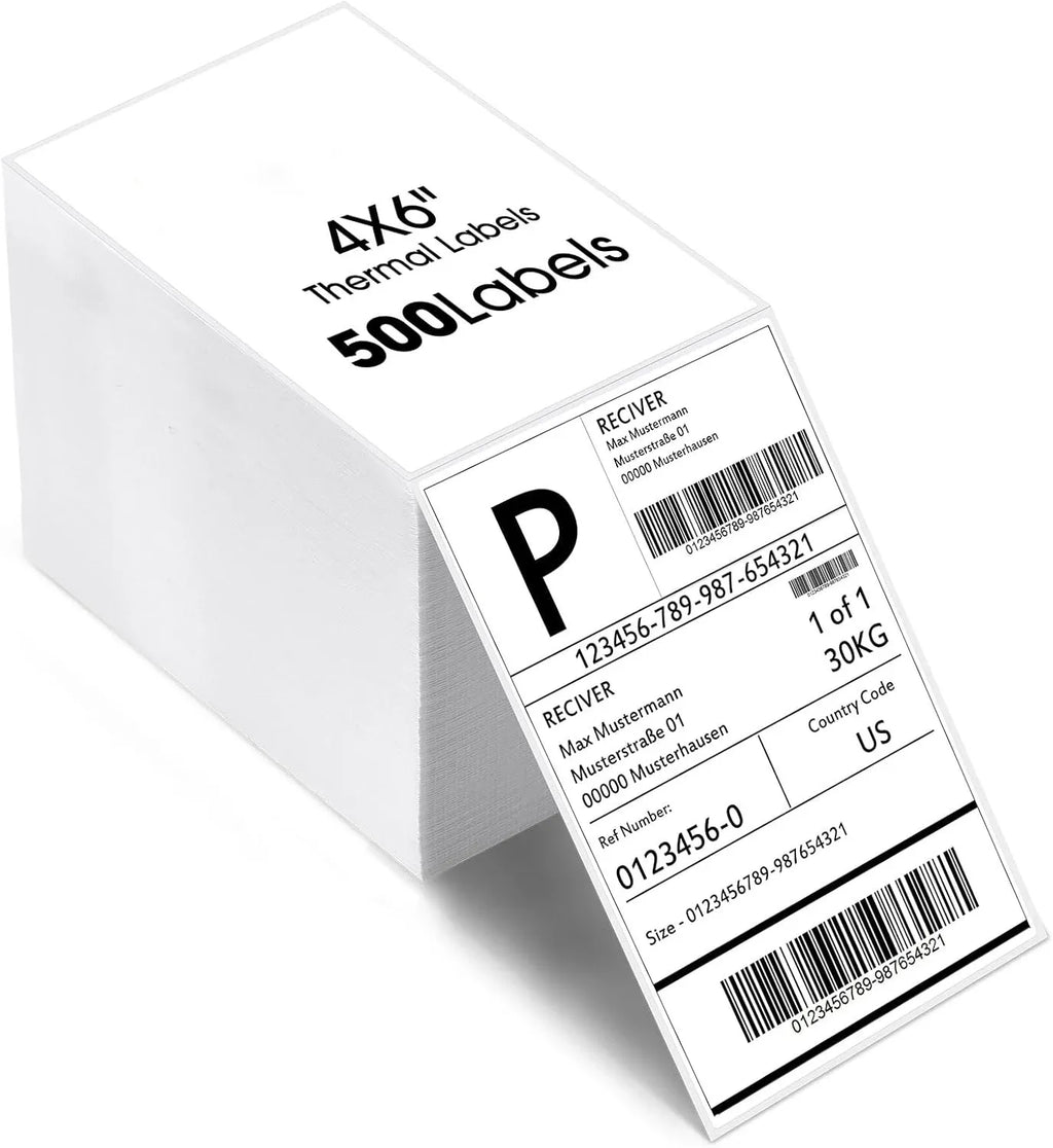 4x6 thermal shipping label box, 500 labels, showing barcode sticker layout