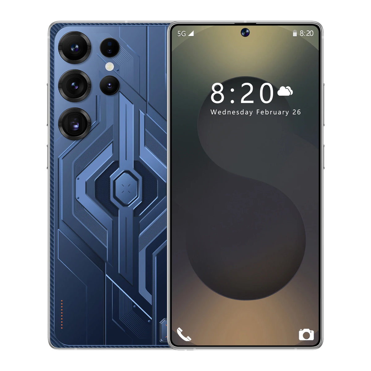 Blue Android smartphone with quad rear cameras and front display