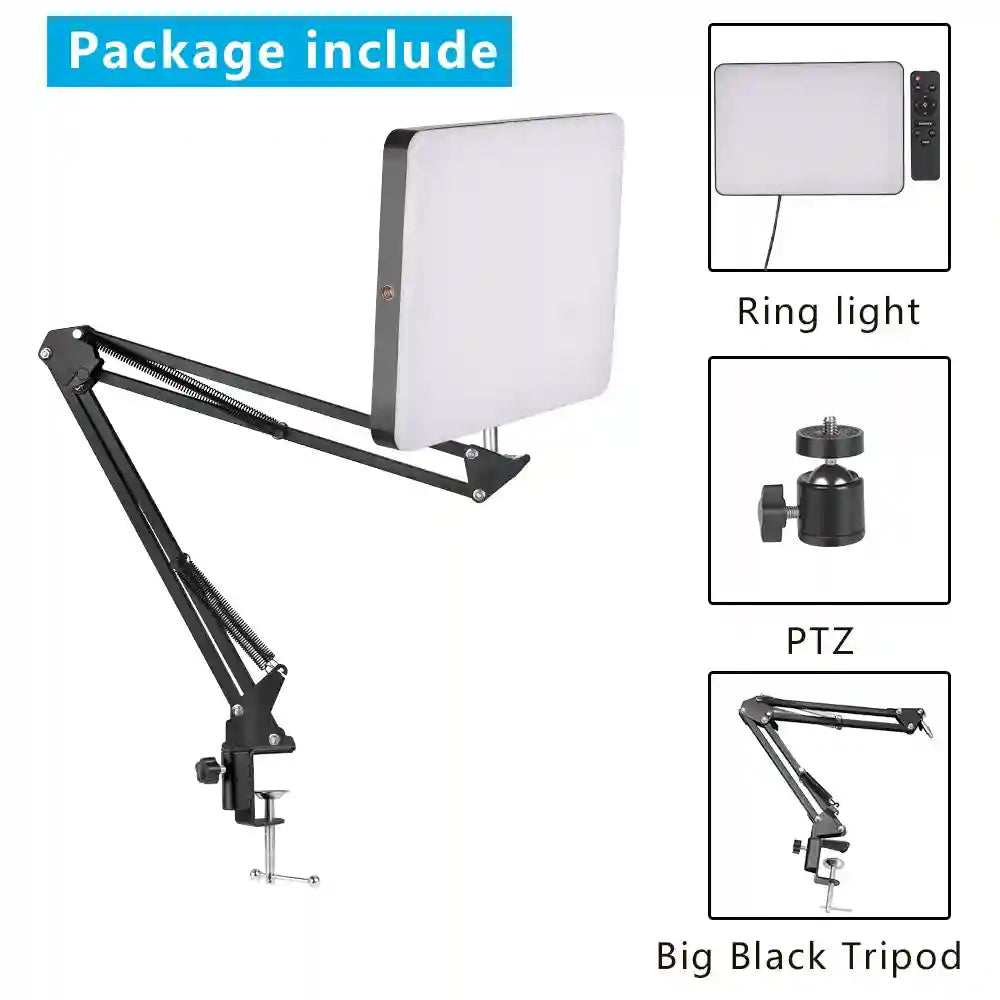 Rectangular LED panel light with remote, ball head adapter, and black adjustable articulating desk clamp tripod arm.