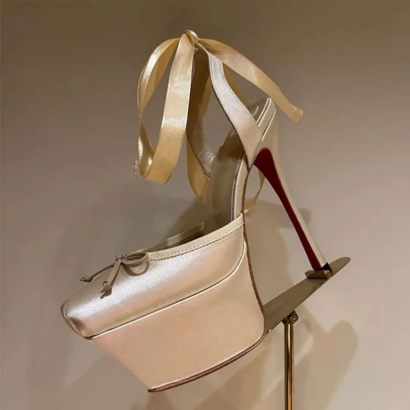 New Colors Women Silk Platform High Heels Stiletto Summer Square Toe Front Bow Shoes Ankle Cross Lace up Dress Wide Fit Pumps