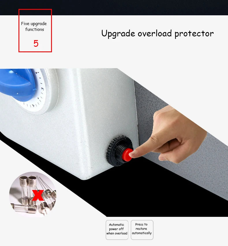 Silver coffee maker overload protector button with a red reset switch and blue dial for safety power-off function.