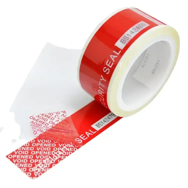 Red tamper-evident security seal tape roll with printed “SECURITY SEAL” text and void pattern