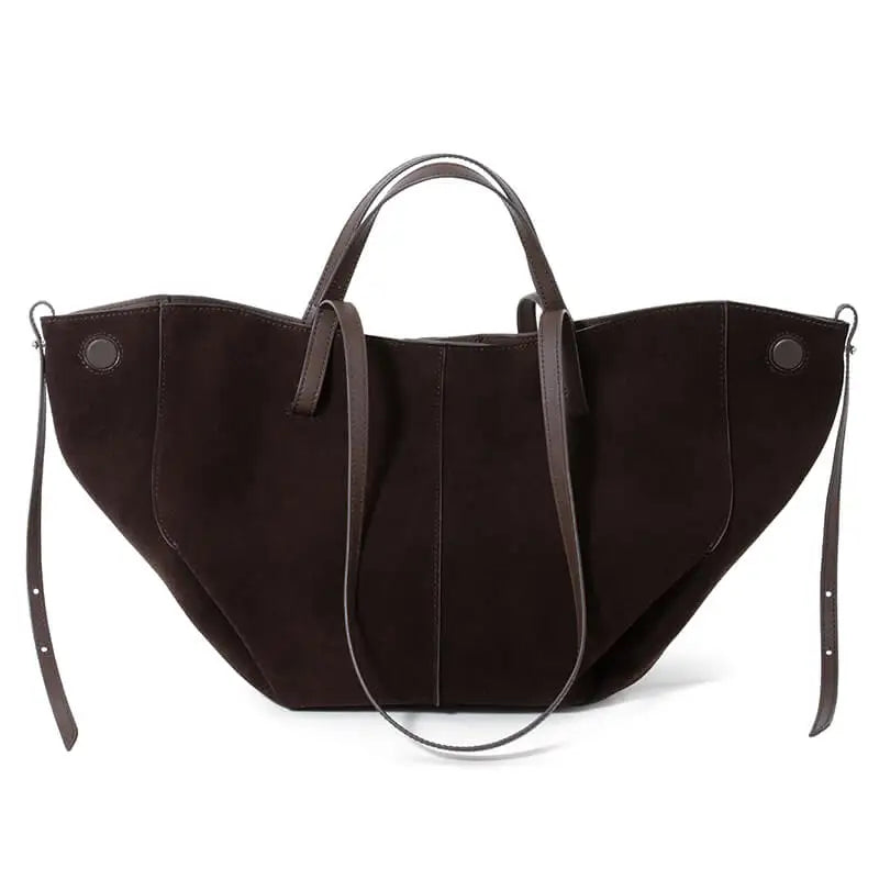 Large capacity dark brown suede designer tote bag with leather shoulder straps and side button detail.