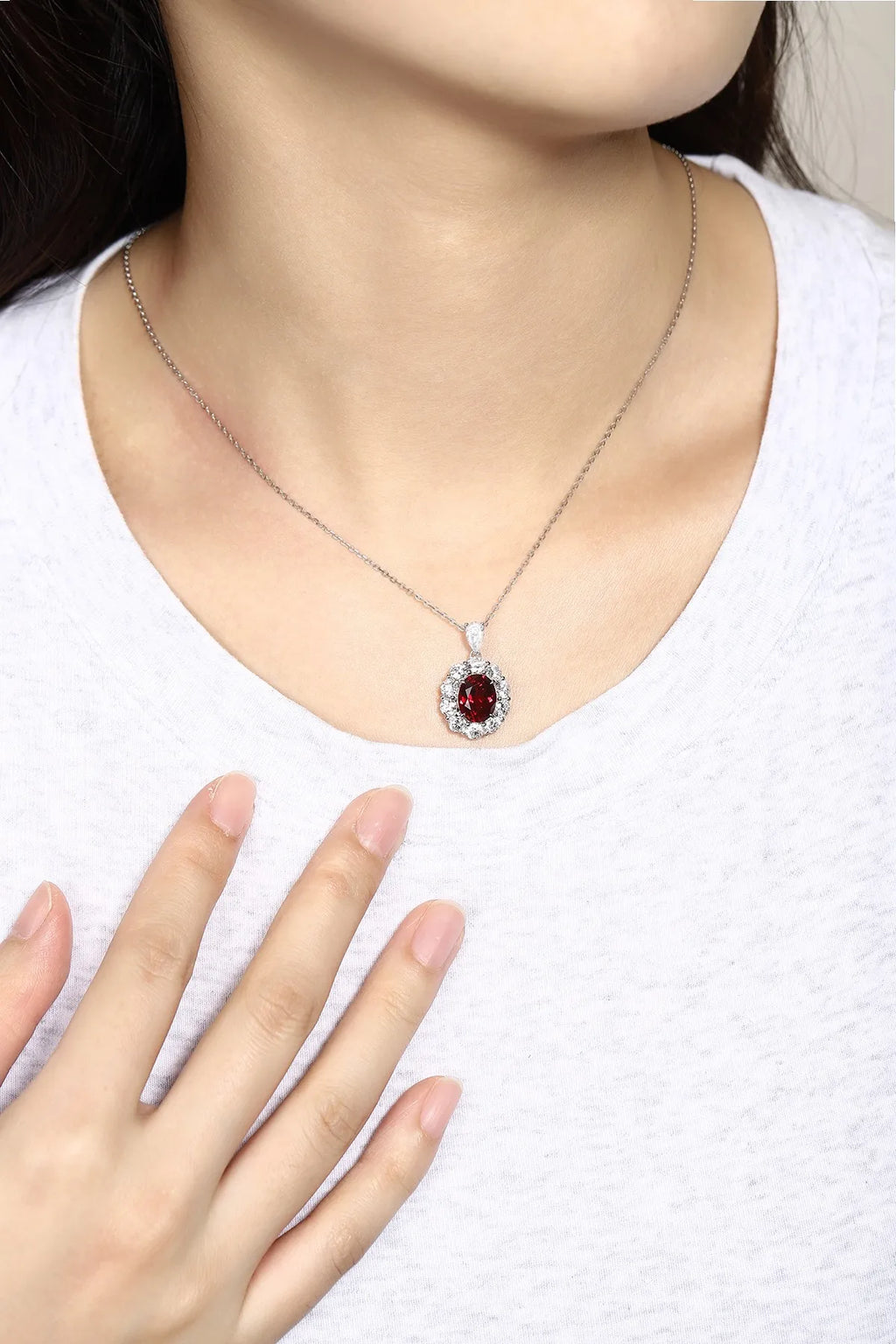 Lanphear Jewelry PT950 Platinum Four-Prong Claw Setting Necklace-Oval Cultured Ruby & Cultured Diamond for Gift, Anniversary