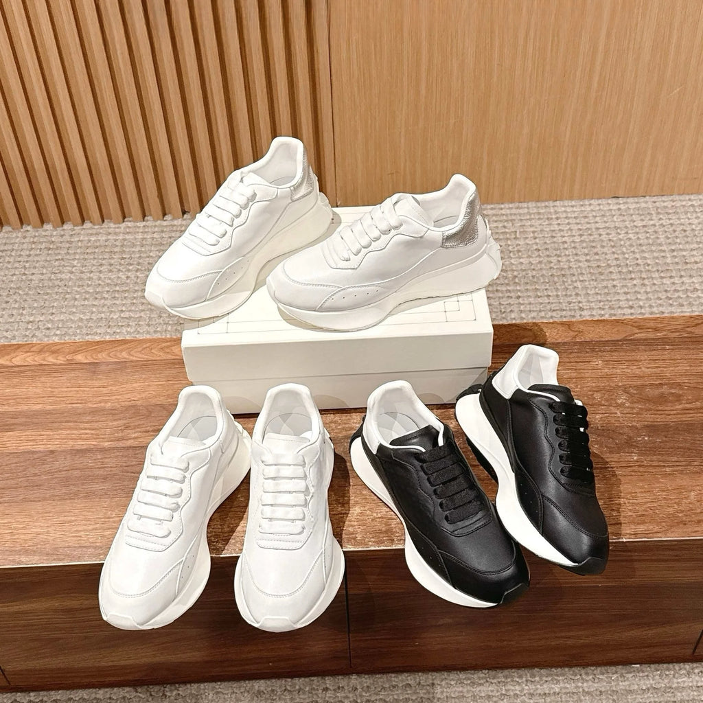 2026 New High-quality Designer Style Women's Thick-soled Leather Shoes, Black and White, Height-increasing Casual Shoes