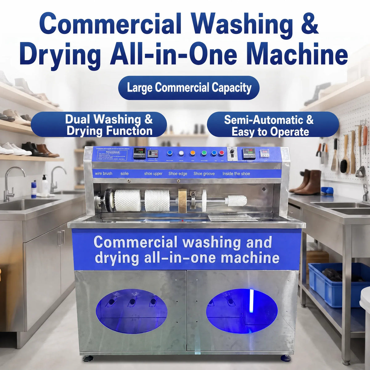 Commercial Shoe Washing and Drying Machine Semi Automatic Shoe Cleaner with Multiple Brushes Large Capacity for Shoe Stores